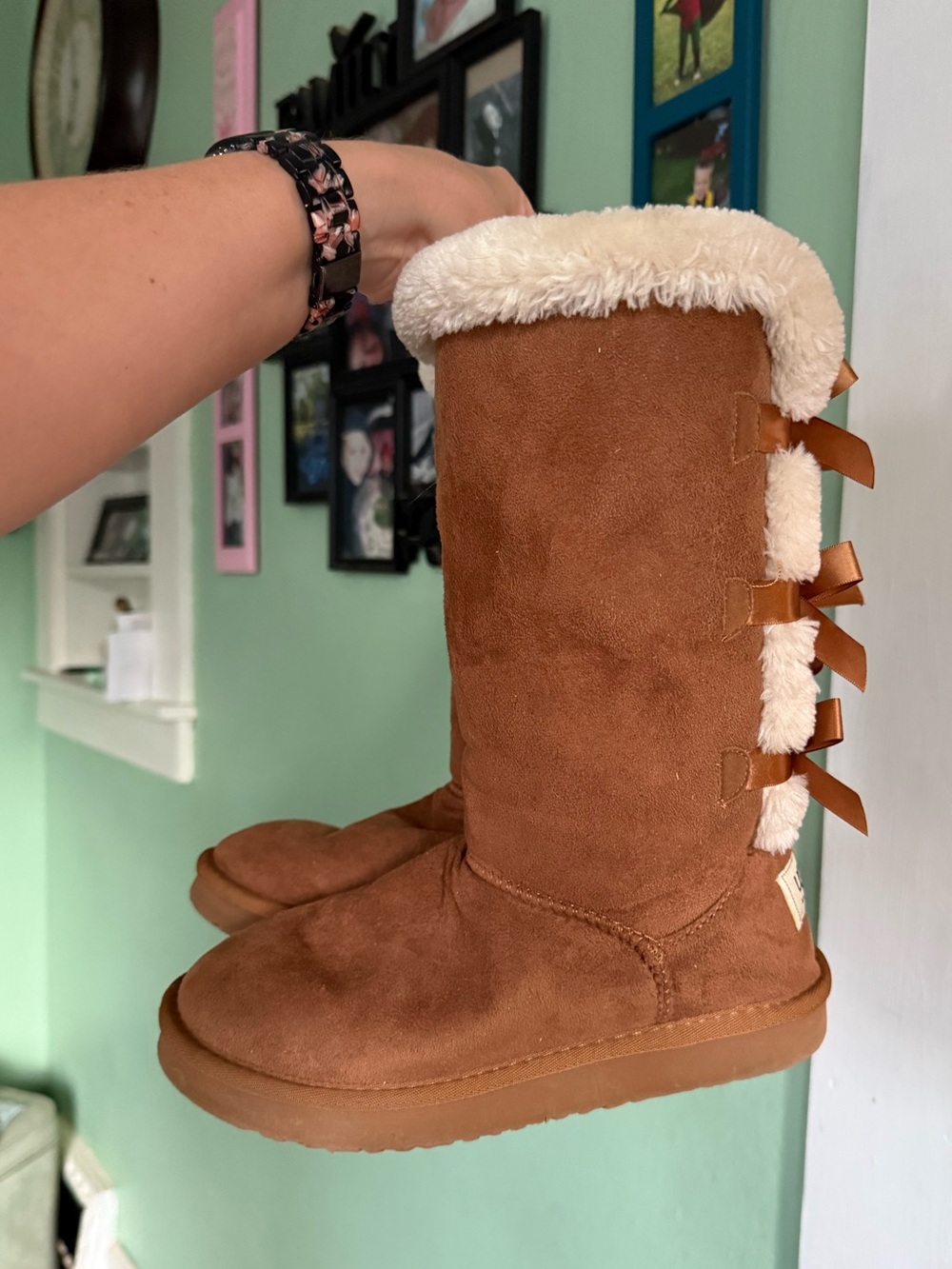 UGG Chestnut Suede-Look Mid-Calf Boots with Cream Faux-Shearling Trim